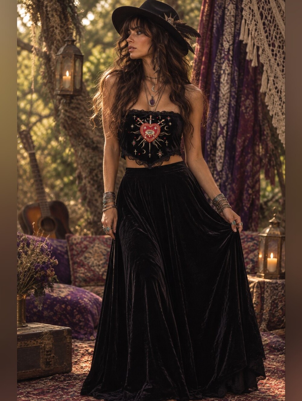 #12 ROMWE Black Velvet Embroidered Strapless Crop Top with Heart Motif